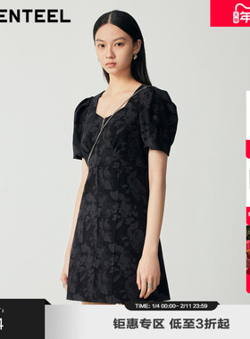 H·GENTEEL荷高装女简约收腰豹纹泡泡袖连衣裙GUD34750570