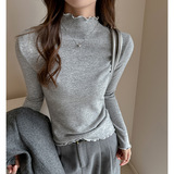 W秋冬季韩系木耳边半高领打底衫女高级感仿羊绒磨毛加厚内搭上衣，保暖内衣，搜酷衣阁