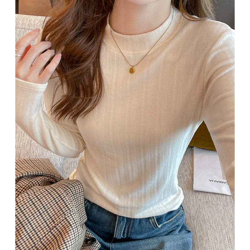 秋冬季小立领螺纹德绒内搭长袖打底衫女显瘦可外穿t恤高级感上衣，保暖内衣，搜酷衣阁