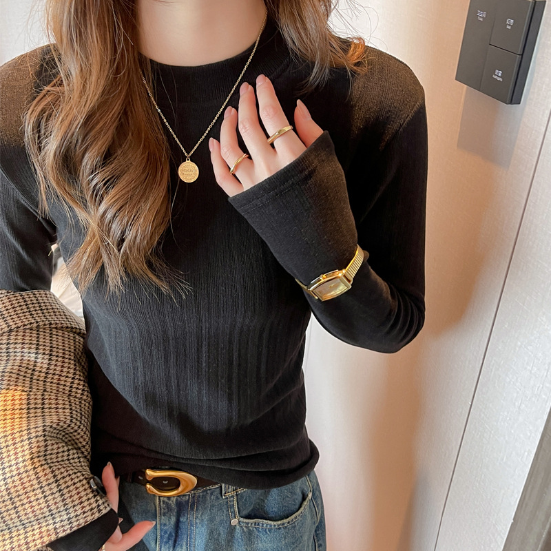 季德绒立领打底衫女新款修身内搭纯色长袖t恤高级感外穿上衣，女装T恤，搜酷衣阁