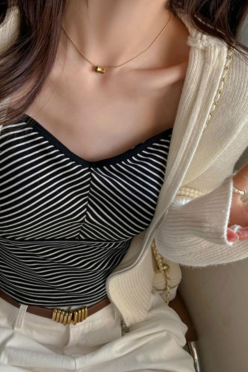 美式条纹吊带背心女夏内搭带胸垫一体外穿无袖修身遮副乳薄款上衣，女装背心吊带，搜酷衣阁