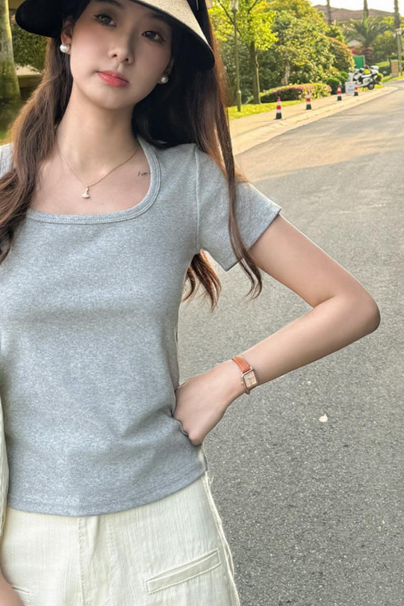 Q严选方领正肩短袖t恤女式春夏季设计感韩东大门打底可外穿上衣，女装T恤，搜酷衣阁