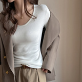 V领仿羊绒季磨毛加厚正肩t恤女士内搭长袖打底衫简约百搭上衣，女装T恤，搜酷衣阁