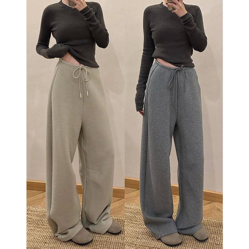 卡其色加绒弯刀裤女2025新款秋冬小个子宽松阔腿运动窄版香蕉卫裤，女装休闲裤，搜酷衣阁