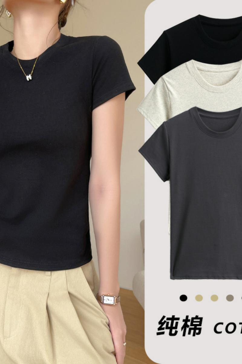 纯棉小圆领正肩短袖t恤女式春夏季可外穿大码修身打底衫可穿200斤，女装T恤，搜酷衣阁