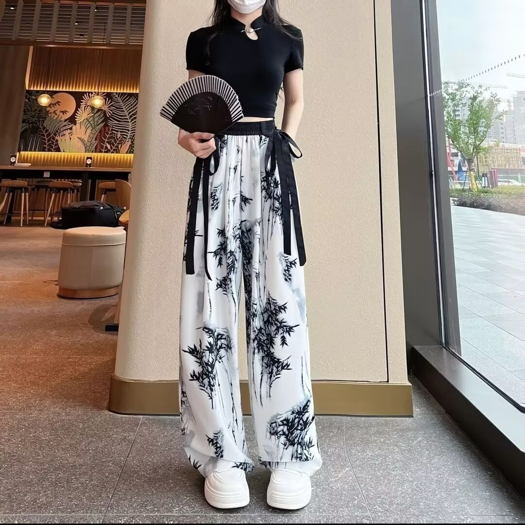 严选水墨画冰丝雪纺阔腿裤女夏季垂感长裤大码宽松飘带休闲直筒裤，女装休闲裤，搜酷衣阁