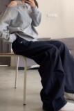 藏青色工装裤女2025早秋款宽松直筒休闲速干小个子显瘦刺绣阔腿裤，女装休闲裤，搜酷衣阁