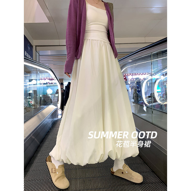 白色花苞半身裙女2025春夏款中长款高腰显瘦小个子法式伞裙a字裙，女装半身裙，搜酷衣阁