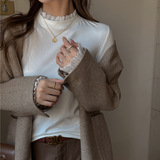 W新款女士打底衫韩系简约小立领花边袖设计感内搭上衣，女装T恤，搜酷衣阁