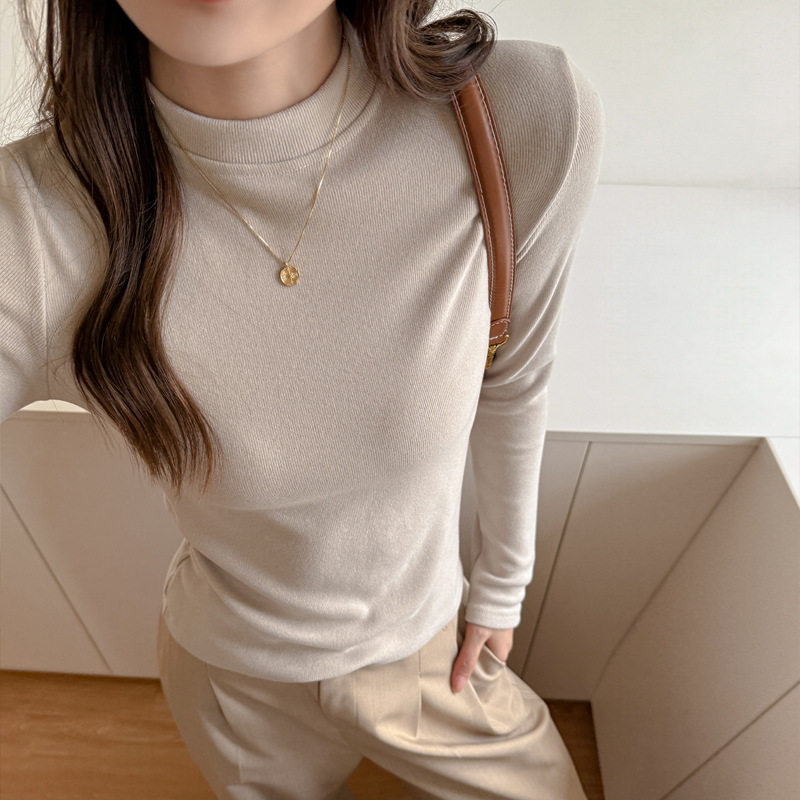 季仿羊绒小立领基础款百搭长袖打底衫女内搭德绒正肩t恤上衣，女装T恤，搜酷衣阁