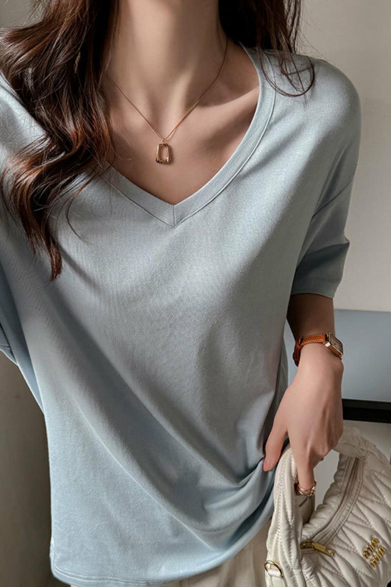 v领正肩短袖t恤女2025夏季新款宽松显瘦内搭休闲慵懒风纯色上衣潮，女装T恤，搜酷衣阁