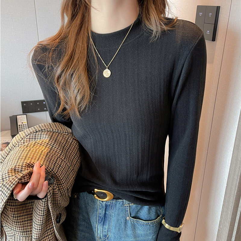 小圆领德绒坑条磨毛长袖打底衫女士内搭正肩t恤修身显瘦上衣，女装T恤，搜酷衣阁