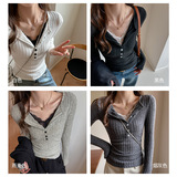 W新款v领蕾丝内搭打底衫女季纯欲风拼接设计感可外穿显瘦上衣，女装T恤，搜酷衣阁