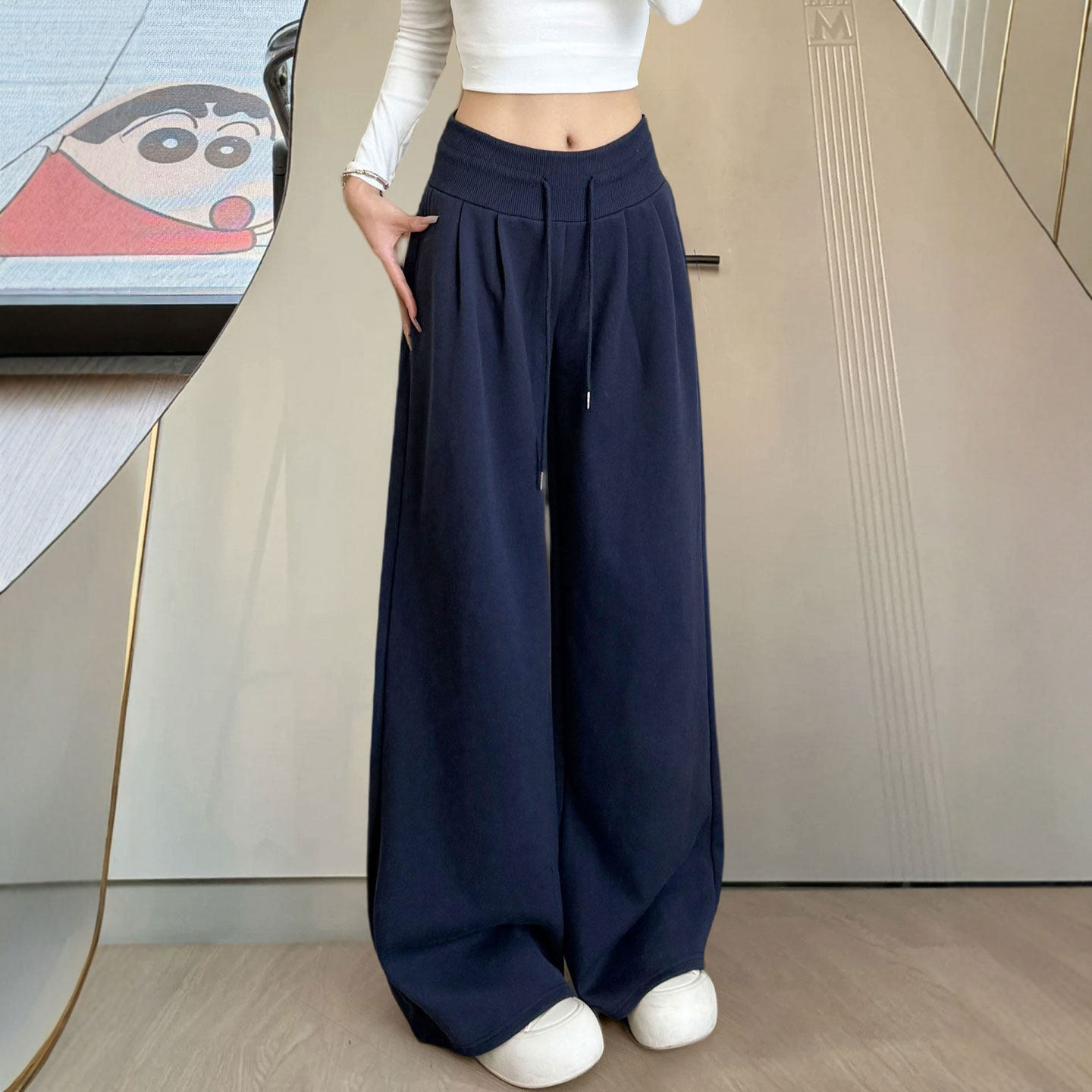 藏青色美式动裤女秋冬2026新款高腰休闲直筒宽松阔腿加绒卫裤子，女装休闲裤，搜酷衣阁