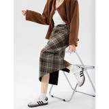 格子开叉半身裙女秋冬季2025新款修身小个子毛呢中长款a字包臀裙，女装半身裙，搜酷衣阁