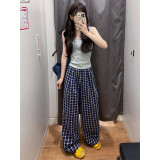 复古蓝色格子阔腿裤女夏季2025新款休闲高腰显瘦宽松拖地裤，女装休闲裤，搜酷衣阁