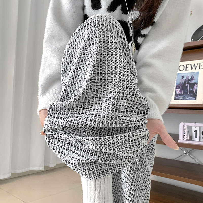 针织细格阔腿裤女秋季新款高腰宽松休闲拖地长裤垂感窄版直筒裤子，女装休闲裤，搜酷衣阁