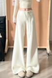 米白色软糯阔腿裤女秋冬季新款高腰运动卫裤小个子加绒加厚糯米裤，女装休闲裤，搜酷衣阁
