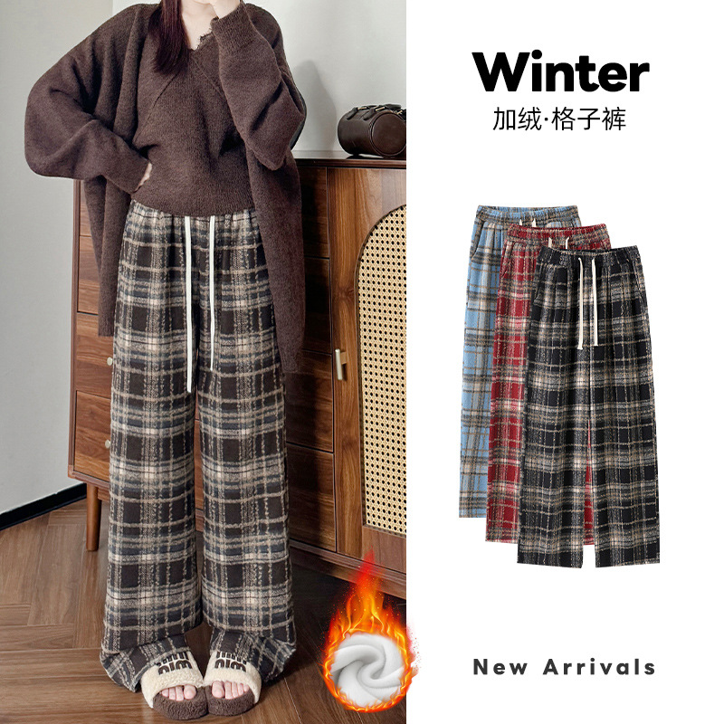 复古毛呢格子裤女秋冬新款宽松显瘦直筒裤休闲慵懒高腰加绒阔腿裤，女装休闲裤，搜酷衣阁