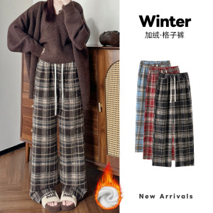 复古毛呢格子裤女秋冬新款宽松显瘦直筒裤休闲慵懒高腰加绒阔腿裤，女装休闲裤，搜酷衣阁