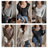 V领仿羊绒季磨毛加厚正肩t恤女士内搭长袖打底衫简约百搭上衣，女装T恤，搜酷衣阁