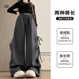 美式复古侧边抽皱蝴蝶结运动裤女春秋宽松显瘦直筒裤休闲阔腿卫裤，女装休闲裤，搜酷衣阁