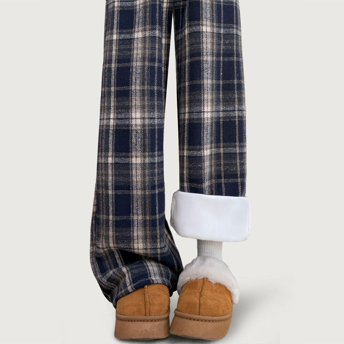 加绒格子裤子女2026新款秋冬加厚直筒休闲慵懒风小个子毛呢阔腿裤，女装休闲裤，搜酷衣阁