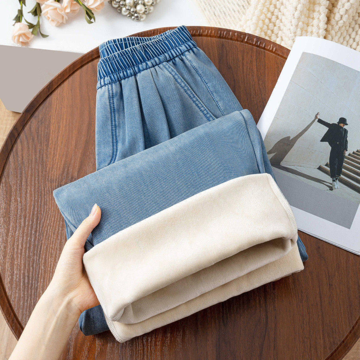 加绒牛仔裤女秋冬季2026新款加厚棉裤宽松慵懒小个子松紧腰阔腿裤，女装牛仔裤，搜酷衣阁