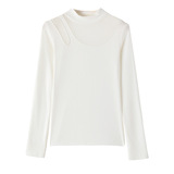 W半高领莱赛尔内搭打底衫女设计感镂空白色正肩显瘦上衣，女装T恤，搜酷衣阁