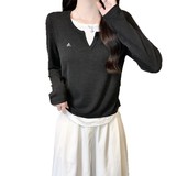 撞色假两件长袖打底衫2026新款秋季不规则修身遮肚内搭t恤外穿女，女装T恤，搜酷衣阁