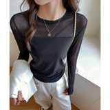 秋冬圆领网纱拼接设计高级感长袖正肩t恤女内搭打底衫可外穿上衣，保暖内衣，搜酷衣阁
