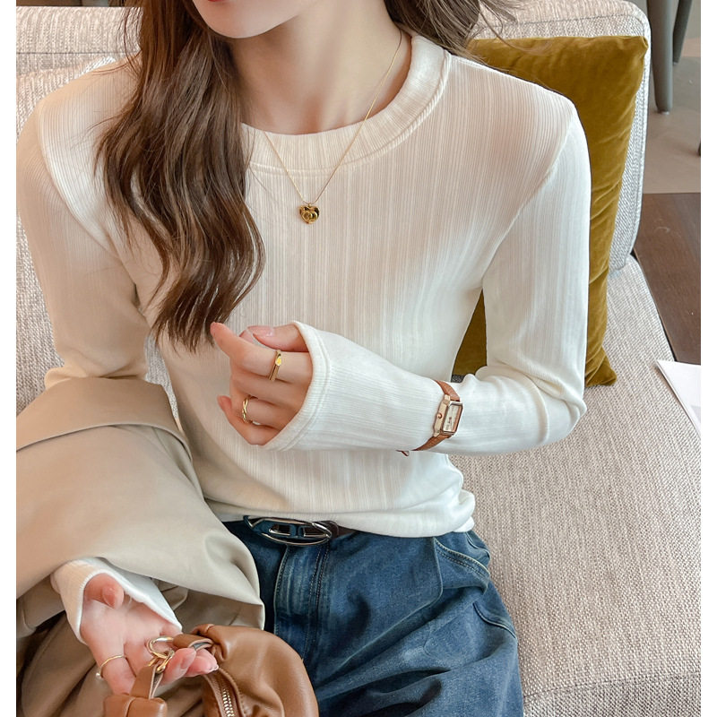 小圆领德绒磨毛长袖打底衫女内搭修身显瘦正肩t恤可外穿上衣，女装T恤，搜酷衣阁