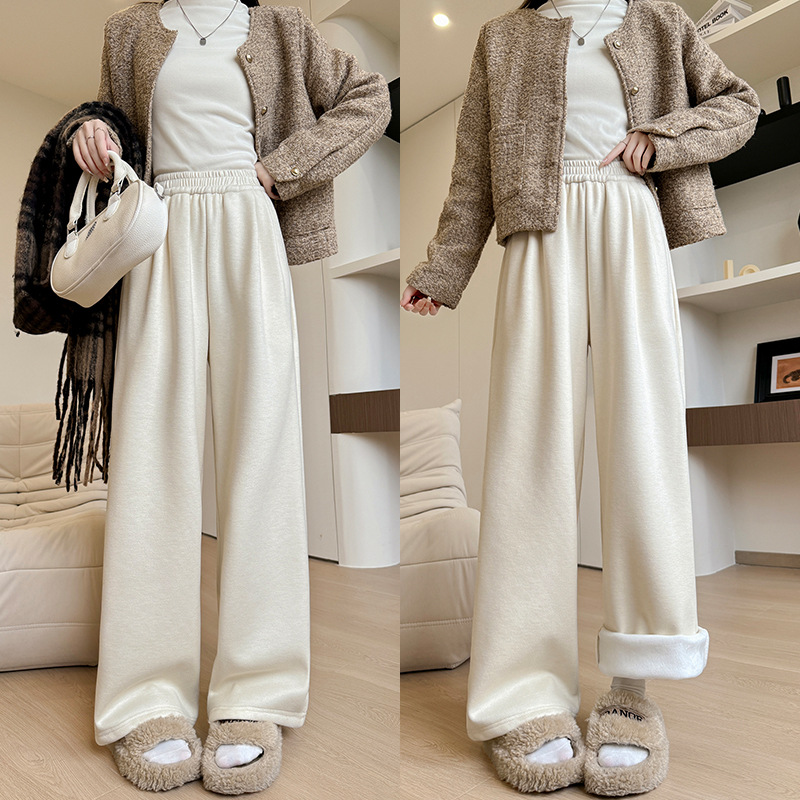 白色羚羊绒阔腿裤女秋冬新款宽松显瘦高腰直筒裤休闲加厚加绒裤子，女装休闲裤，搜酷衣阁