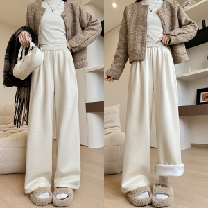 白色羚羊绒阔腿裤女秋冬新款宽松显瘦高腰直筒裤休闲加厚加绒裤子，女装休闲裤，搜酷衣阁