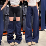 藏青色美式动裤女秋冬2026新款高腰休闲直筒宽松阔腿加绒卫裤子，女装休闲裤，搜酷衣阁