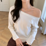 K2205斜领一字肩两穿打底衫内搭纯欲长袖t恤女秋冬季宽松显瘦上衣，保暖内衣，搜酷衣阁