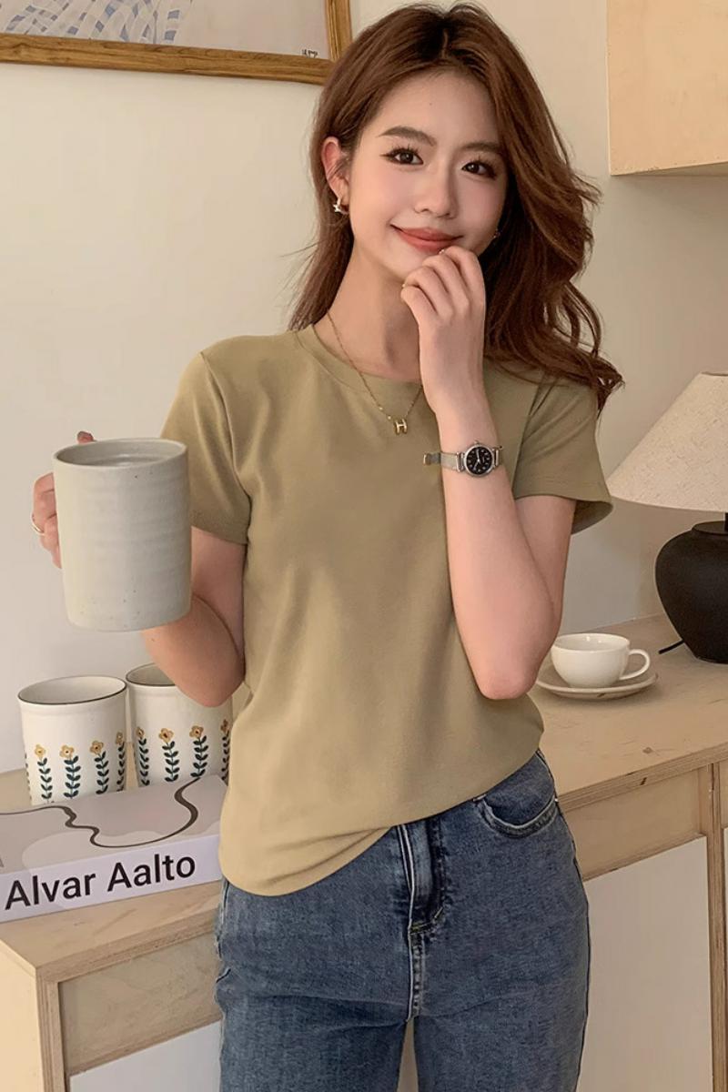 正肩圆领短袖T恤女夏季2025新款基础内搭打底衫修身简约百搭上衣，女装T恤，搜酷衣阁