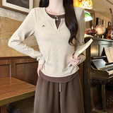 撞色假两件长袖打底衫2026新款秋季不规则修身遮肚内搭t恤外穿女，女装T恤，搜酷衣阁