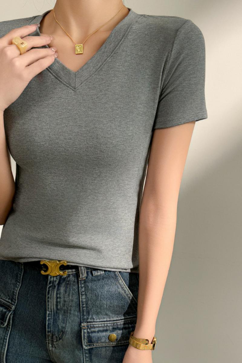 V领正肩短袖T恤女夏季基础款230g纯色时尚休闲修身显瘦上衣，女装T恤，搜酷衣阁
