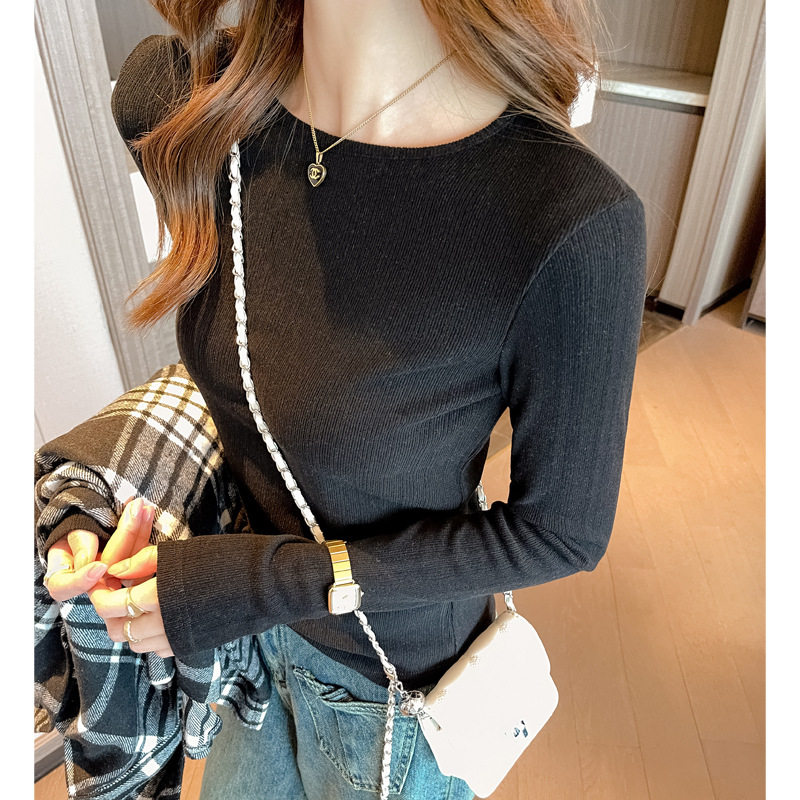 季小圆领磨毛坑条德绒长袖t恤女修身内搭打底衫时尚洋气上衣，女装T恤，搜酷衣阁