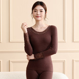 纯欲性感蕾丝领薄款秋衣秋裤套装女修身美体无缝保暖内衣内搭打底，保暖内衣，搜酷衣阁