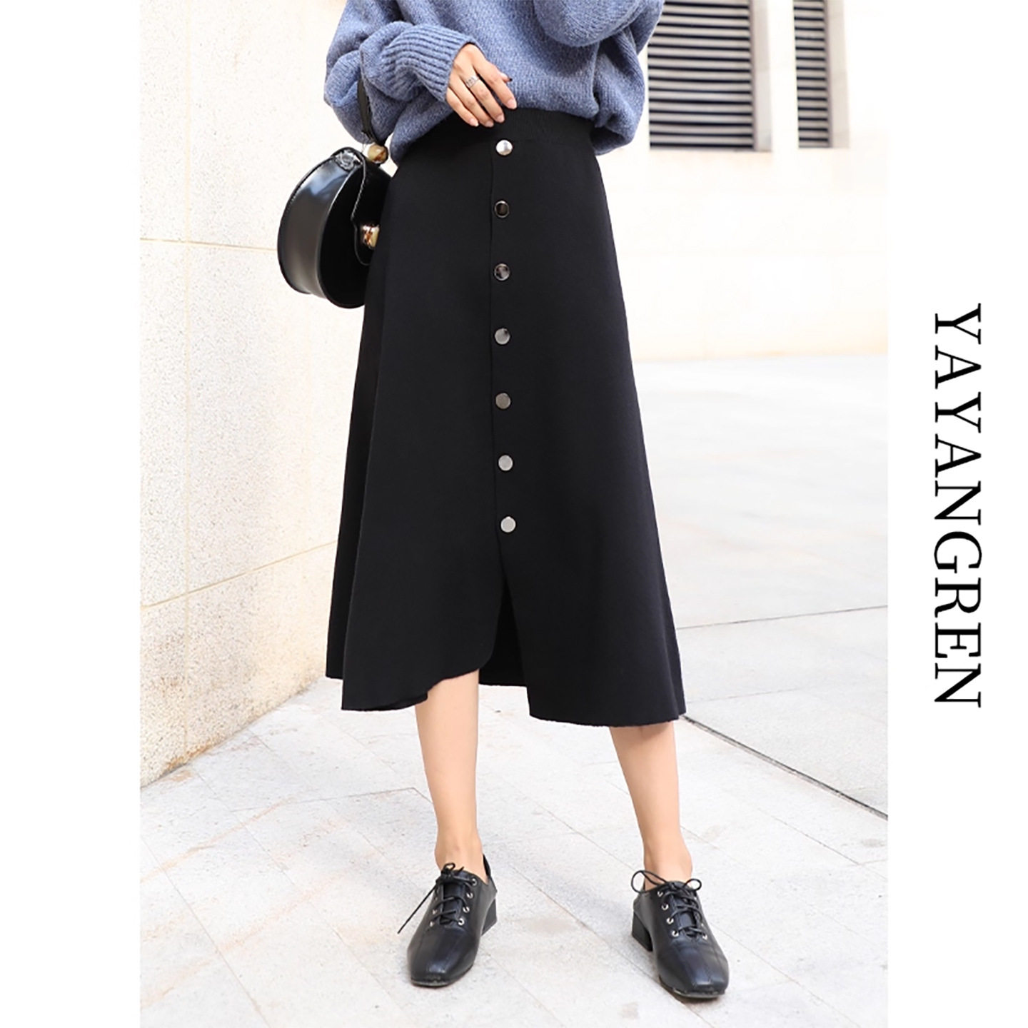 黑色针织半身裙女2025新款秋冬高腰显瘦a字裙毛线不规则大摆长裙，女装半身裙，搜酷衣阁