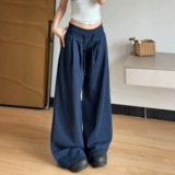 美式藏青色运动裤女秋季2025新款宽松休闲低腰抽绳垂感阔腿拖地裤，女装休闲裤，搜酷衣阁