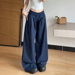美式藏青色运动裤女秋季2025新款宽松休闲低腰抽绳垂感阔腿拖地裤，女装休闲裤，搜酷衣阁