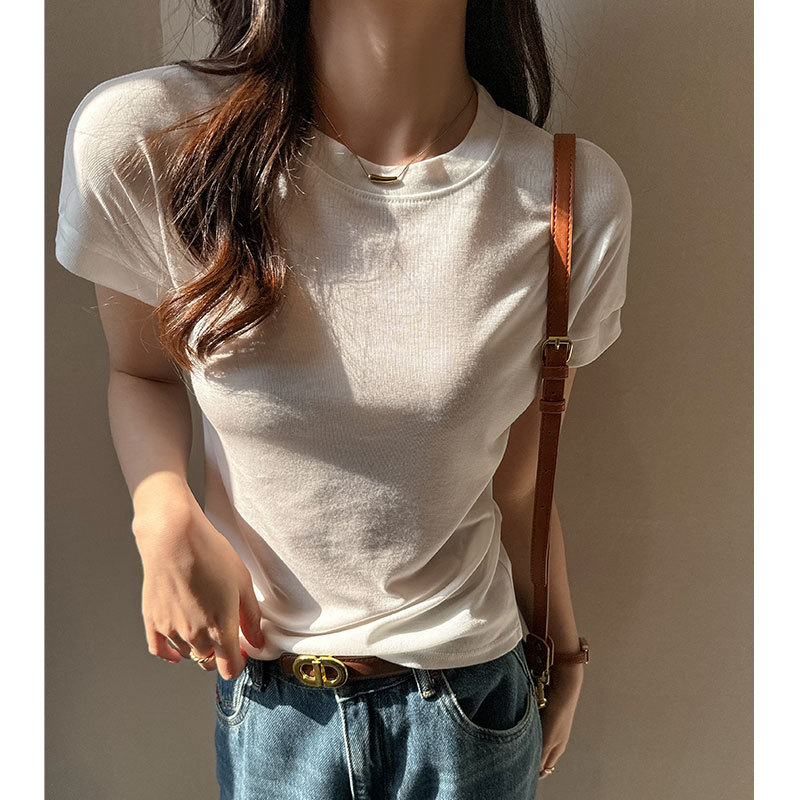 短袖上衣女春夏季莱赛尔正肩高级感修身显瘦内搭遮肚子打底衫，女装T恤，搜酷衣阁