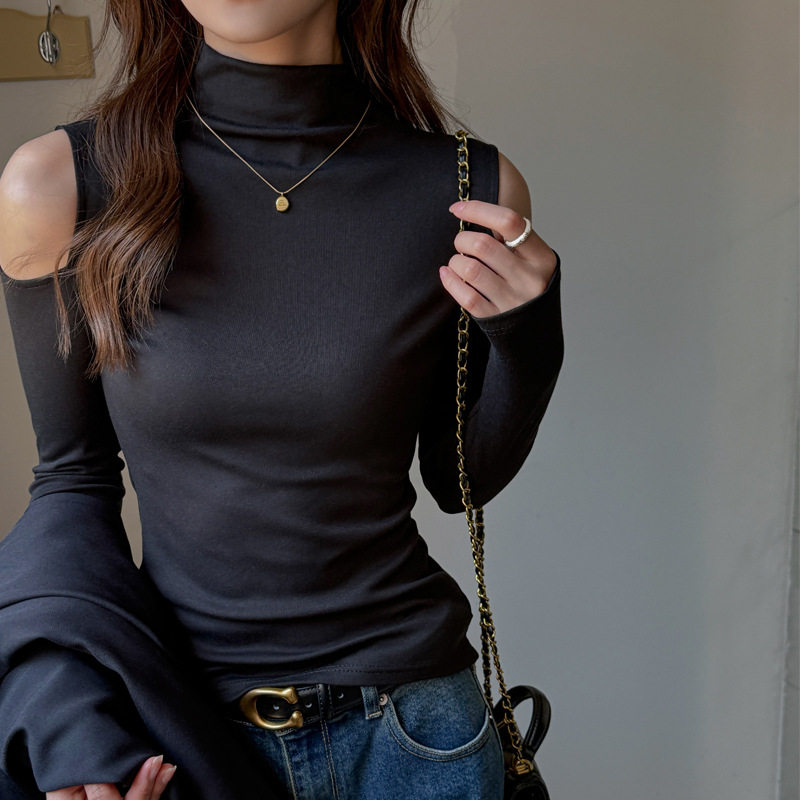 莱赛尔半高领设计感露肩镂空长袖打底衫女士内搭t恤中领上衣，女装T恤，搜酷衣阁