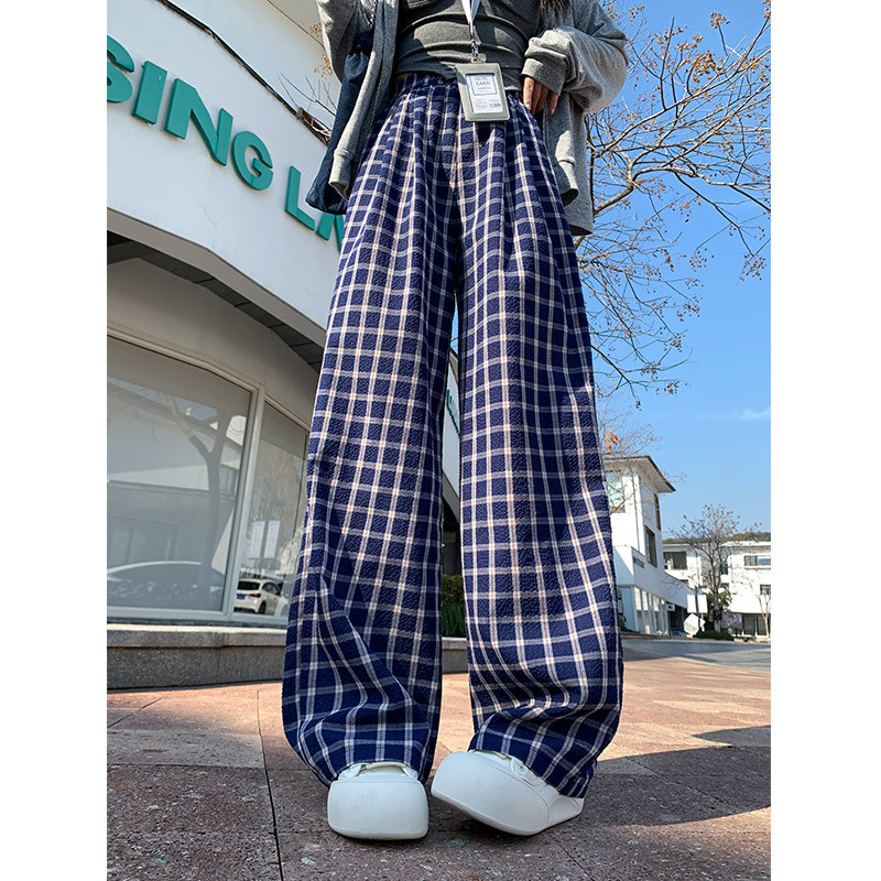 复古蓝色格子阔腿裤女夏季2025新款休闲高腰显瘦宽松拖地裤，女装休闲裤，搜酷衣阁