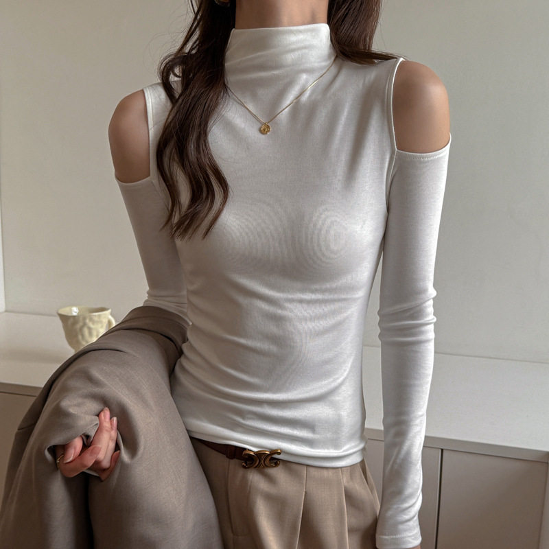 半高领季露肩性感长袖打底衫女内搭时尚洋气t恤修身显瘦上衣，女装T恤，搜酷衣阁