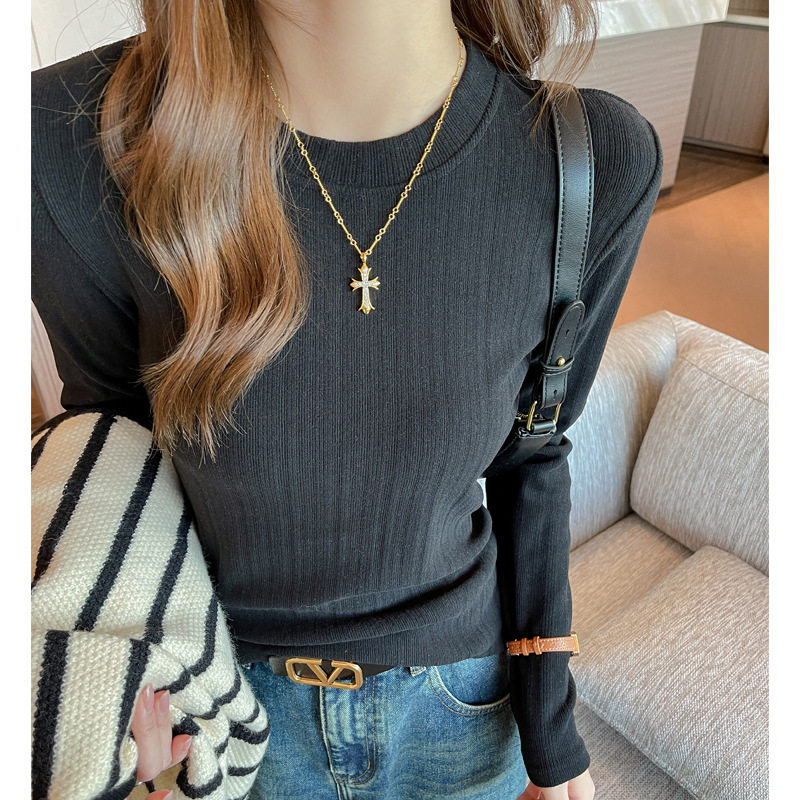 小圆领德绒坑条显瘦长袖打底衫女内搭纯色正肩t恤高级感上衣，女装T恤，搜酷衣阁