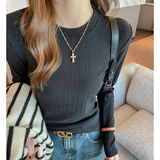 小圆领德绒坑条显瘦长袖打底衫女内搭纯色正肩t恤高级感上衣，女装T恤，搜酷衣阁